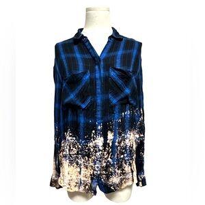 Blue & black plaid bleached flannel shirt (100% rayon) women’s size small (3051)